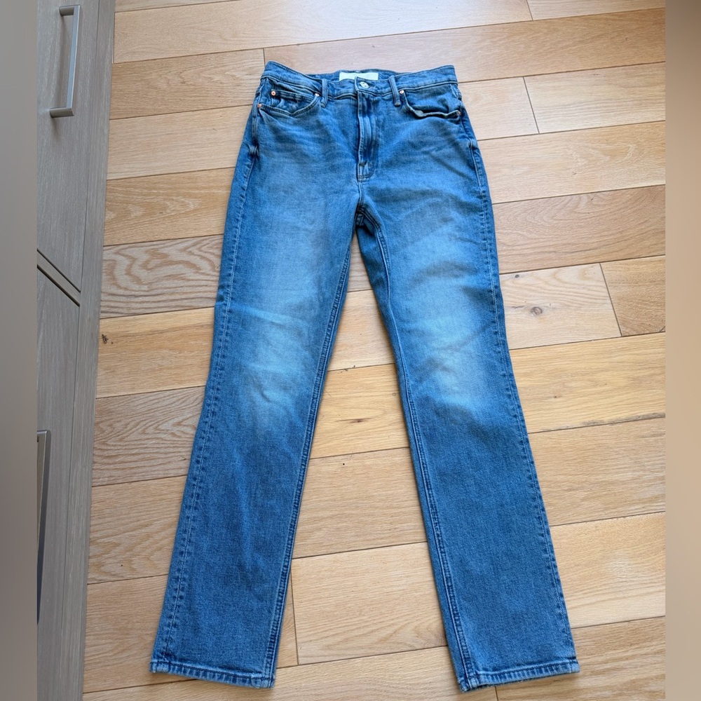 MOTHER Straight Leg Jeans in Medium Blue Wash “Trucks are for Girls”